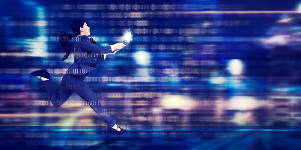 Side View Female Manager Using Laptop While Running Binary Code — Stock Photo, Image