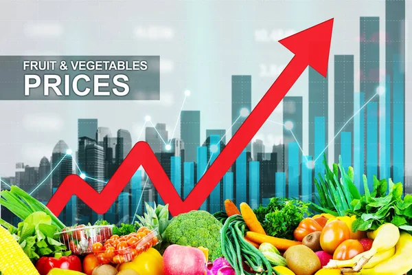 Detailní Záběr Růstového Ovoce Zeleniny Cenový Diagram Dvojitou Expozicí Moderního — Stock fotografie