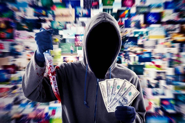 Portrait Hacker Holding Bloody Knife Money While Standing Cyberspace Blurred — Stock Photo, Image