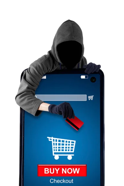 Imagem Hacker Masculino Roubando Cartão Crédito Hackear Aplicativo Compras Line — Fotografia de Stock