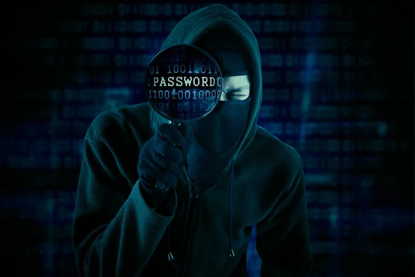 Male Hacker Using Magnifying Glass Looking Password Cyberspace — Stock Photo, Image