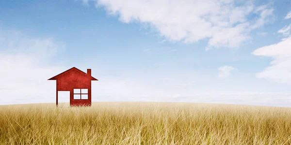 蓝天背景草地上的红色房屋标志图像 — 图库照片