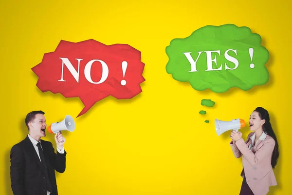 Two Business People Using Megaphone Shouting Yes While Standing Studio — Stock Photo, Image