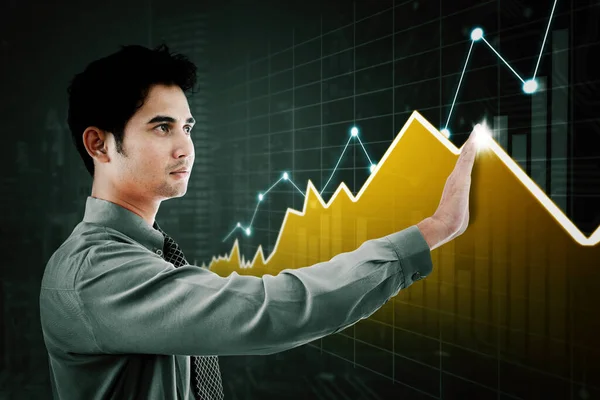 Double Exposure Businessman Touching Growth Finance Chart Virtual Screen While — Stock Photo, Image