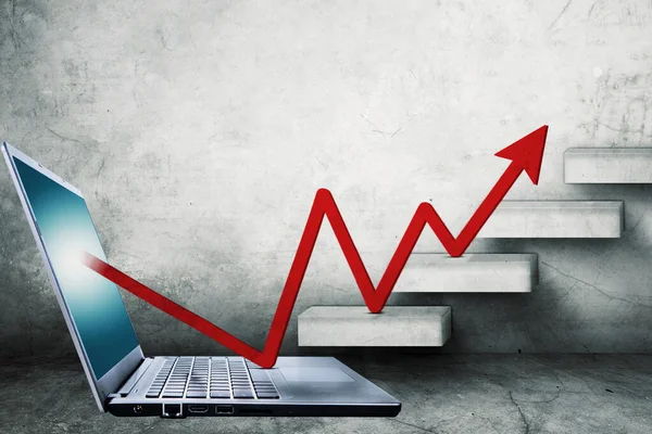Крупный План Красной Стрелки Вверх Экрана Ноутбука Время Восхождения Лестнице — стоковое фото