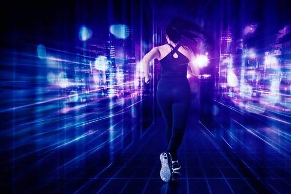 Rückansicht Einer Jungen Frau Sportbekleidung Beim Laufen Metaverse Mit Virtuellem — Stockfoto