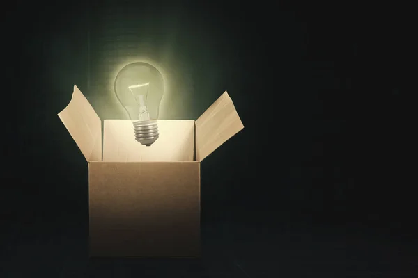 Close Bright Light Bulb Get Out Cardboard Box Dark Room — Stock Photo, Image