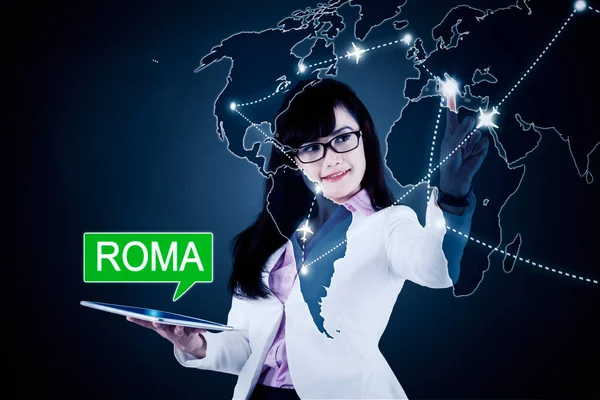 Businesswoman Using Digital Tablet While Touch Roma Nation World Map — Stock Fotó