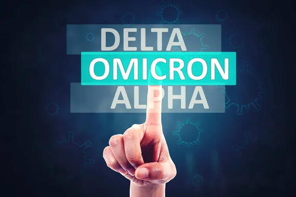Close Unknown Hand Touching Omicron Word Virtual Screen — Stock Photo, Image