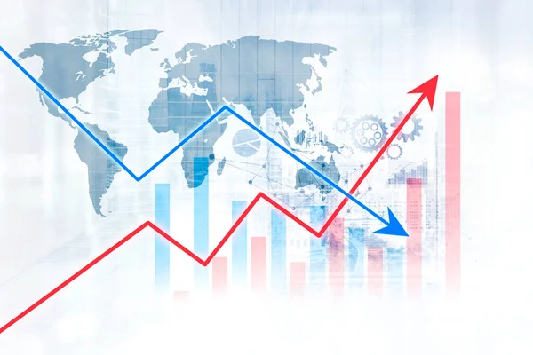 Imagen Flecha Ascendente Descendente Con Fondo Mapa Del Mundo —  Fotos de Stock