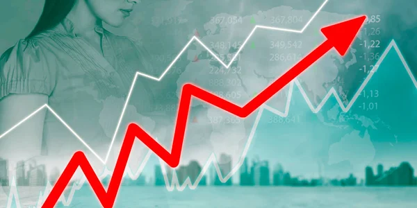 Bild Von Rotem Aufwärtspfeil Mit Doppelter Belichtung Von Geschäftsfrau Und — Stockfoto