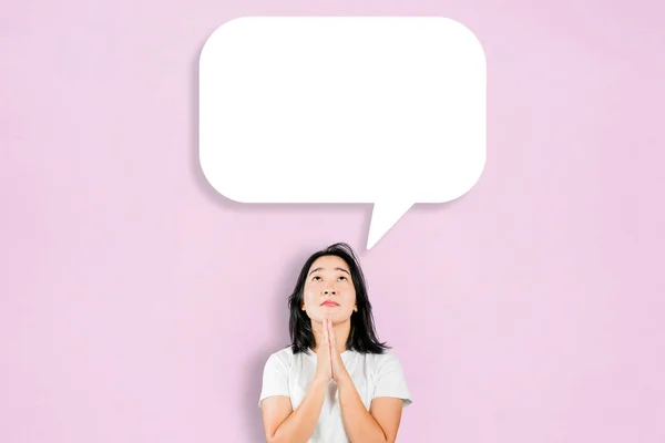 Young Woman Gesturing Supplication Hands While Looking Blank Cloud Bubble — Stock Photo, Image