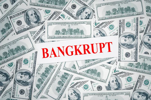 Close Bankrupt Word Paper Piles Money Table — Stock Photo, Image