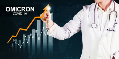 Sanal ekrandaki Omicron covid-19 vaka grafiğine dokunurken doktorun elini kapat