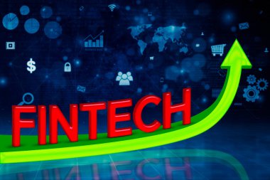 Sanal ekran arkaplanı ile siber uzayda yukarı doğru ok ile fintech metnin resmi
