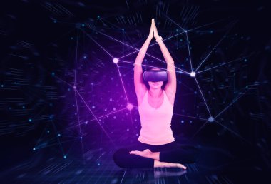 Bağlantı ağı arka planında metaevrende yoga yaparken VR gözlüğü takan genç bir kadın