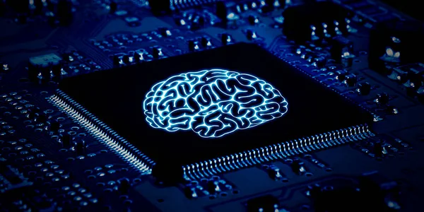 Primer Plano Del Procesador Computadora Con Símbolo Cerebral Placa Circuito — Foto de Stock