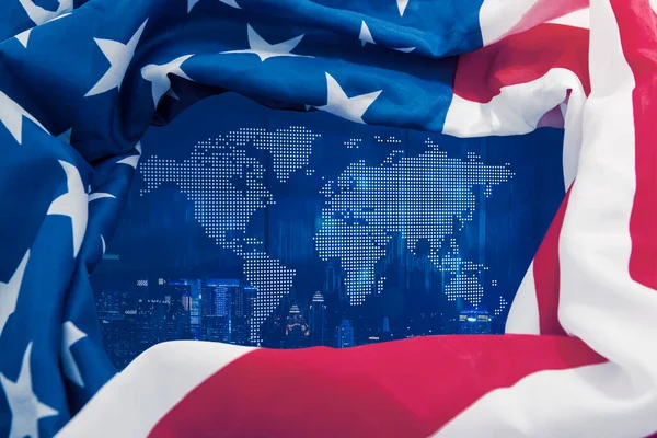 Amerika Flagga Forma Ram Symbol Med Natt Stad Och Världskarta — Stockfoto