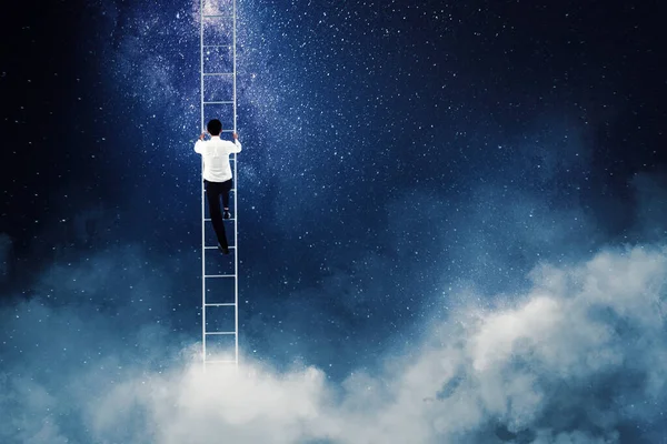 Achteraanzicht Van Een Zakenman Die Een Ladder Beklimt Met Sterren — Stockfoto