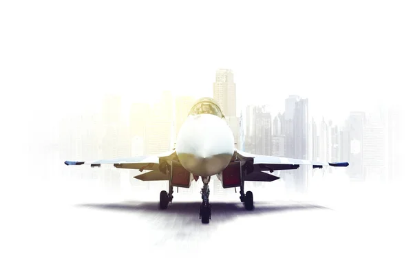 Double Exposure Jet Plane Cityscape Studio Isolated White Background — Stock Photo, Image