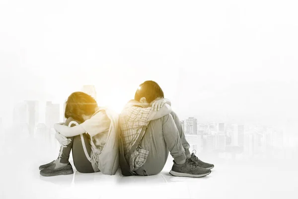 Double Exposure Two Little Students Looks Sad While Sitting Together — Stock Photo, Image