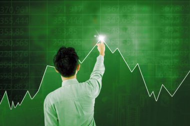 Sanal ortamda hisse senedi döviz kuru geçmişi ile finans grafiğine dokunan işadamlarının arka planı