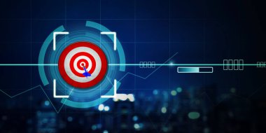 Sanal ekran arkaplanlı dart tahtasına isabet eden mavi dart görüntüsü