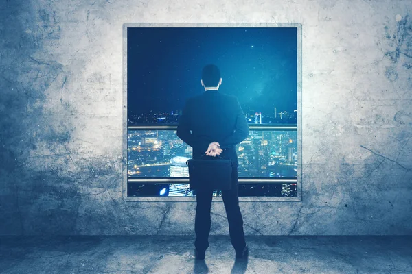 Rear View Male Manager Holding Suitcase While Looking Glowing City — Stock Photo, Image