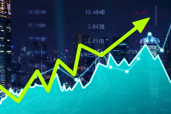 Imagen Flecha Ascendente Con Doble Exposición Del Mercado Valores Fondo —  Fotos de Stock