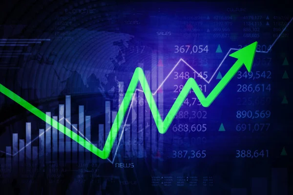 Image Green Upward Arrow Double Exposure Trade Stock World Map — Stock Photo, Image