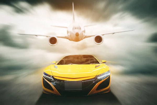 Image Yellow Car Plane Moving Fast Motion Background — Stock Photo, Image