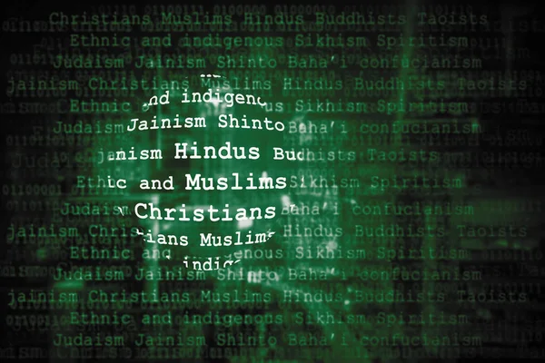 Sanal Ekran Arka Planına Sahip Siber Uzayda Dinlerin Isimlerini Kapat — Stok fotoğraf