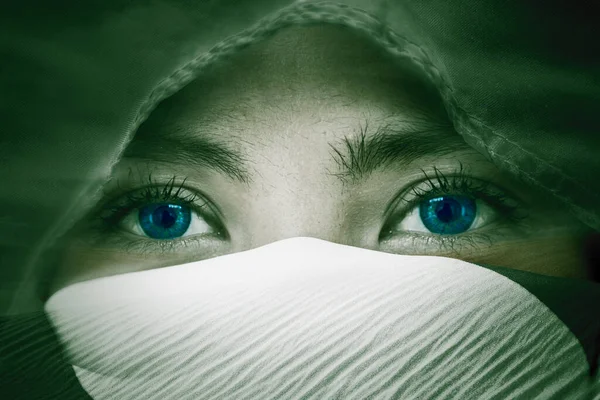 Double Exposure Young Woman Wearing Veil Face Mask While Looking — Stock Photo, Image