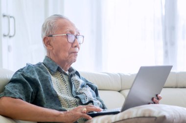 Yaşlı adam kanepede dizüstü bilgisayar kullanırken boş zamanın tadını çıkarıyor. Evde vuruldu.