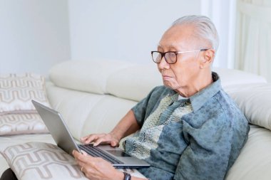 Üst düzey bir adam kanepede otururken dizüstü bilgisayar kullanıyor. Evde vuruldu.