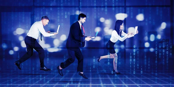 Three Business People Using Laptop While Running Code Binary Background — Stock Photo, Image