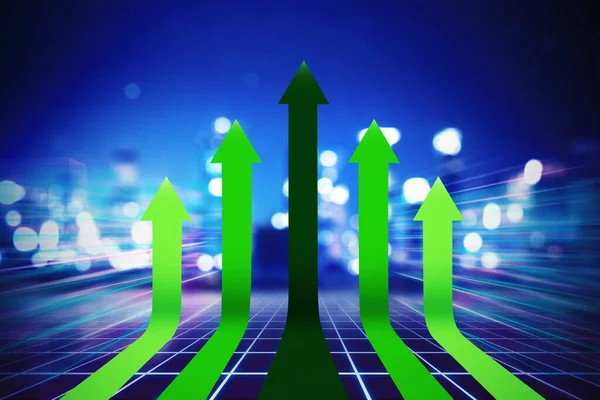 Bulanık şehir arka planında yeşil oklarla yarışan siyah ok görüntüsü