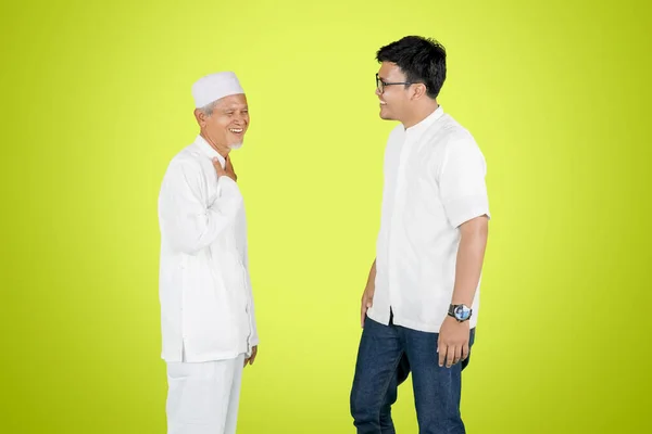 Old Father Young Man Laughing Together Eid Mubarak Celebration While — Stock Photo, Image