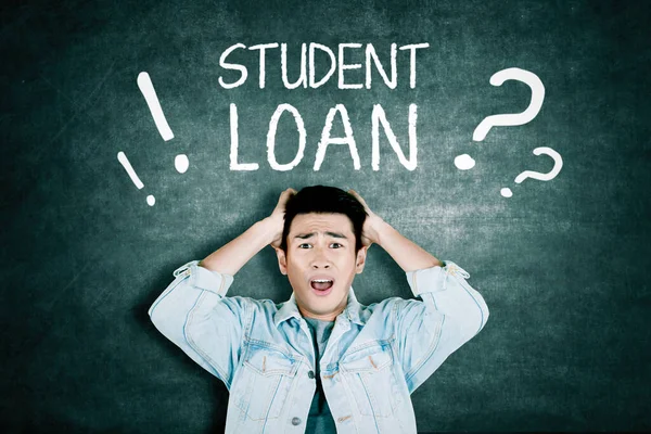 Male College Student Looks Stressed While Standing Question Student Loan — Stock Photo, Image