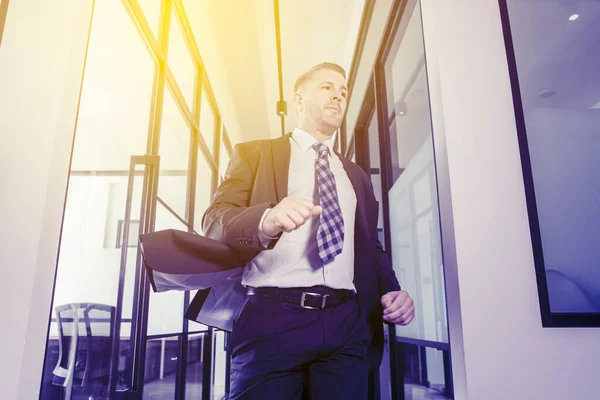 Caucasian Businessman Wearing Formal Suit While Running Fast Office Corridor — Stock Photo, Image