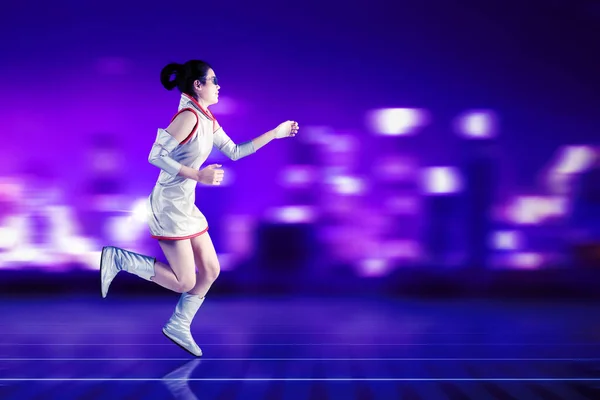 Side View Female Robot Running Fast Motion Background Cyberspace — Stock Photo, Image