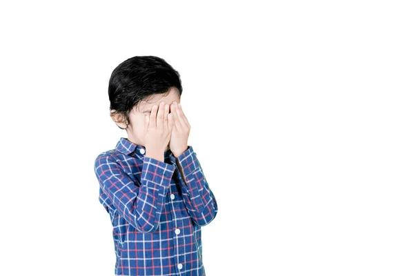 Little Boy Covering His Face Hands While Standing Copy Space — Fotografia de Stock