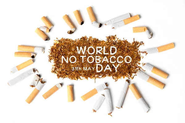 Visão Superior Muitos Cigarros Quebrados Com Mundo Sem Texto Dia — Fotografia de Stock