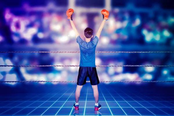 仮想画面の背景とサイバー空間に立っている間に彼の勝利を祝う男性ボクサーの背面ビュー — ストック写真