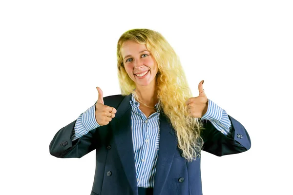 Caucasian Businesswoman Showing Thumbs While Standing Studio Isolated White Background — ストック写真