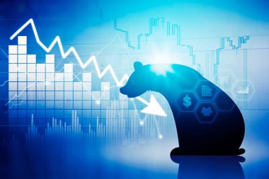 Silhouette of bear with declining stock market chart and virtual screen background