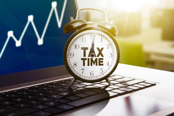 Close Alarm Clock Tax Time Text Laptop Sunlight Background — Stock Photo, Image