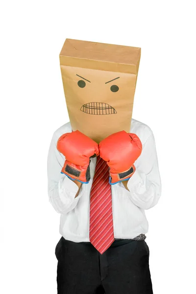 Businessman Paper Bag His Head While Wearing Boxing Glove Standing — Photo