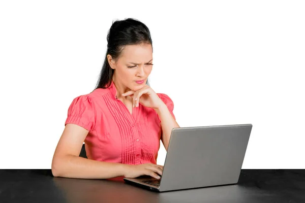 Caucasian Businesswoman Looks Confused While Working Laptop Studio Isolated White — стоковое фото