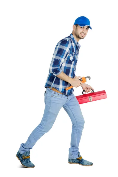 Side View Plumber Man Carrying Wrench Tool Box While Running — Fotografia de Stock